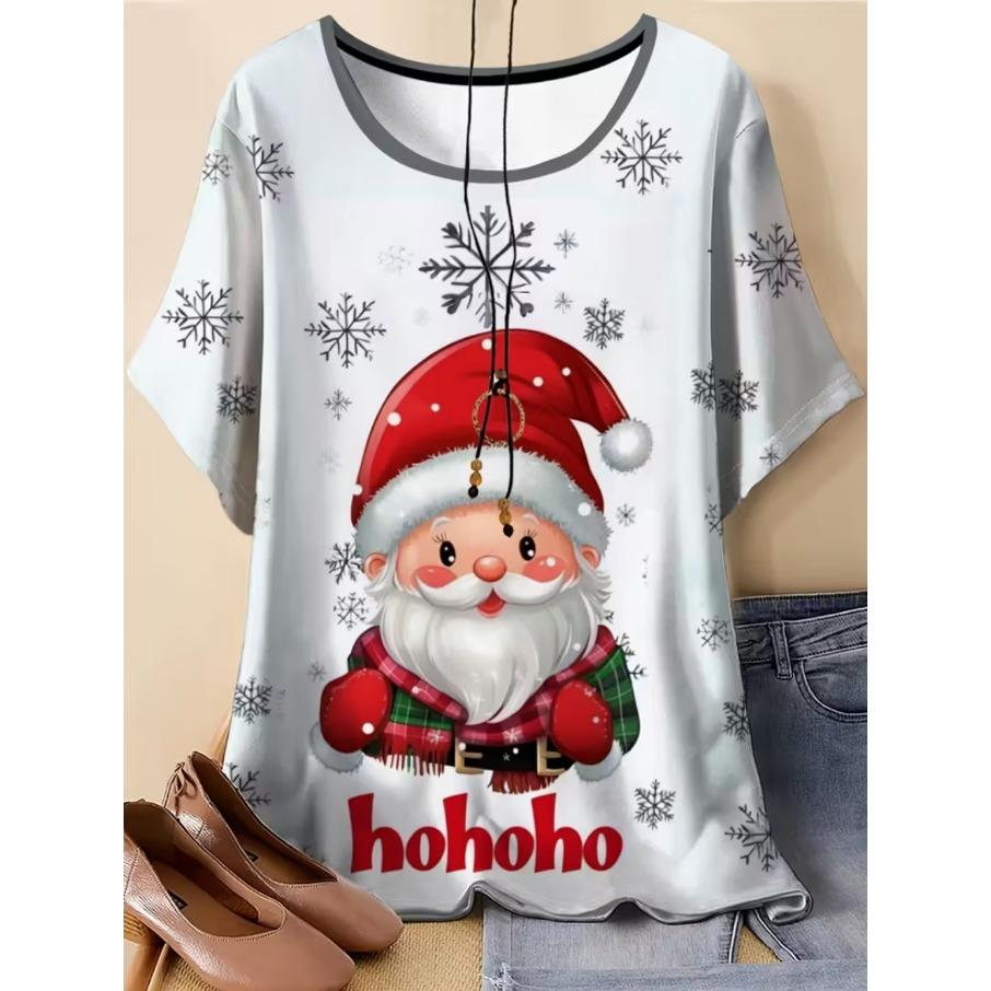 XL-7XL Dam Casual Jul 3D-tryck Lös Rund Hals Kortärmad T-shirt Topp