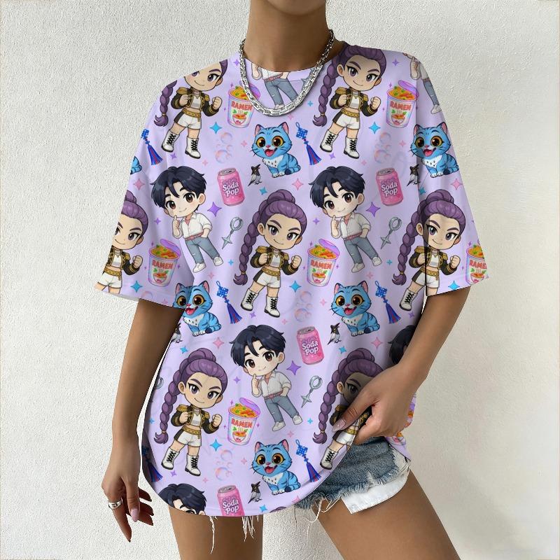 Women's KPop Demon Hunters Graphic T-Shirt Trendy Streetwear Top with Cute Cartoon Character Prints for Fashion Enthusiasts Y2K