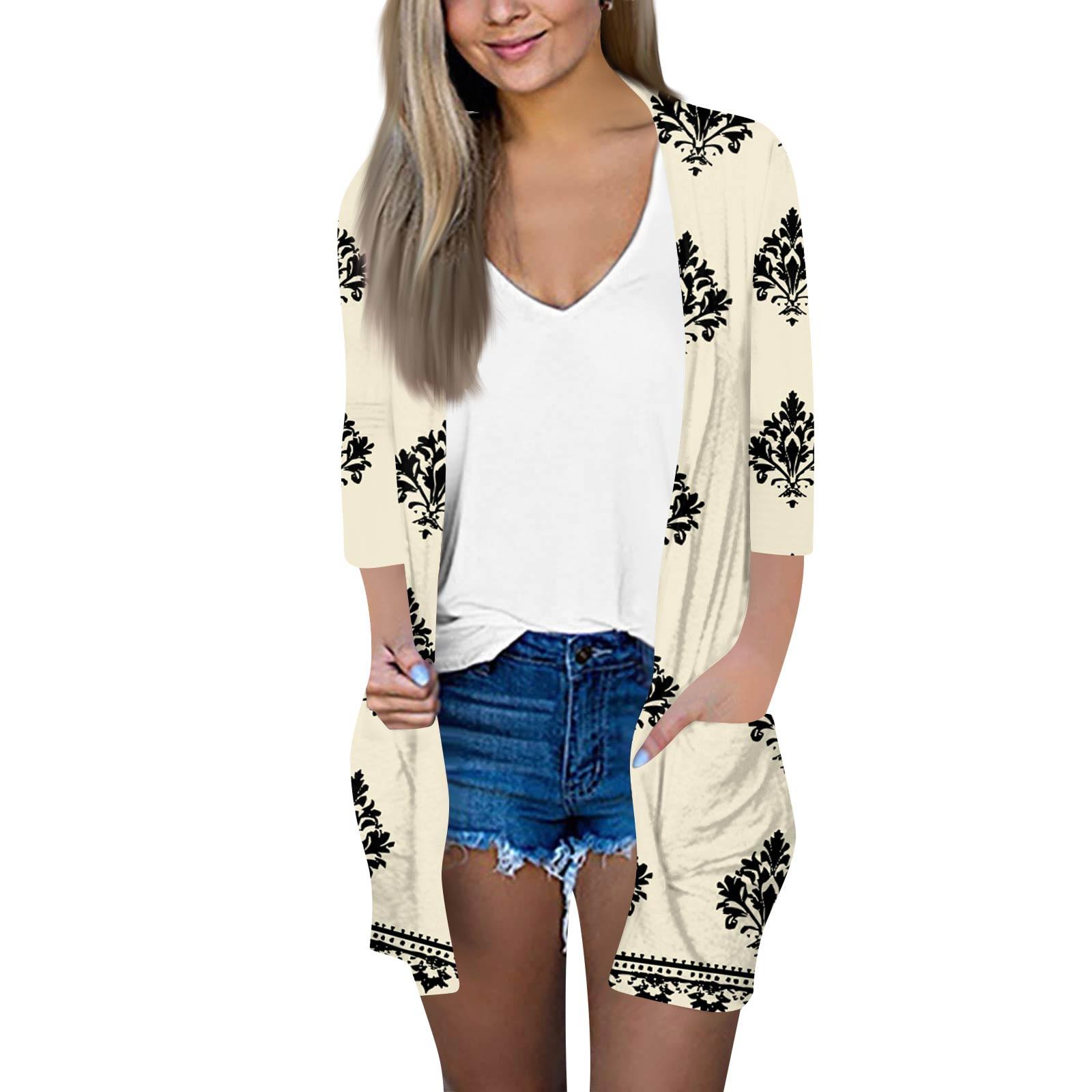 

Женский модный свободный повседневный кардиган с принтом и карманами, куртка с рукавом семь восьмых, топ S бежевый