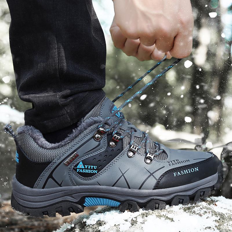 FashionMen Hiking Shoes Lace Up Outdoor Winter Snow Boots Fur Warm Fashion Leather Walking Mountain Climbing Tactical Men Shoes