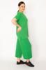 Women's Style Big Size Under-Upper Team Green Camisole Knitted Elastic Waist Wide Leg Trousers V-Neck Blouse Set