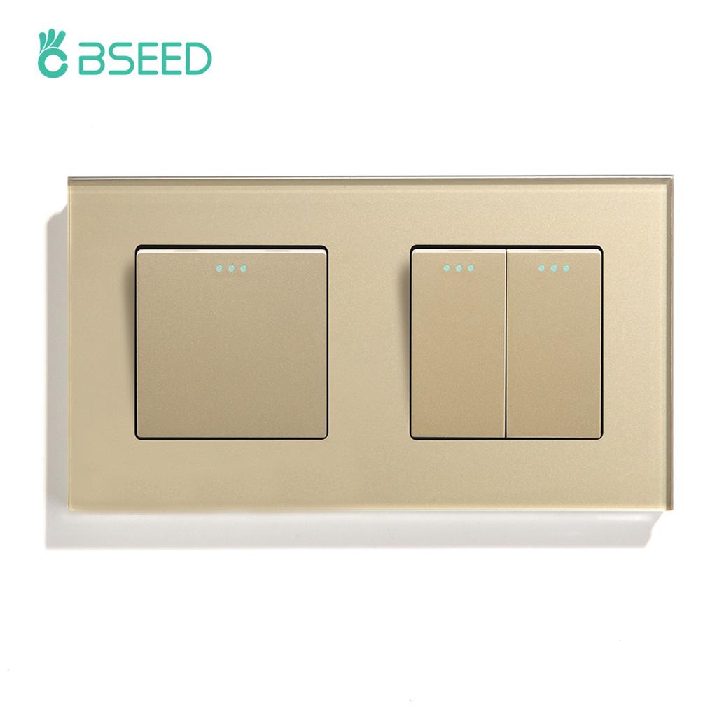 BSEED Double 1/2/3Gang Wall Light Switches 1Way Mechanical Button Switch On Off Glass Panel EU Standard 157mm