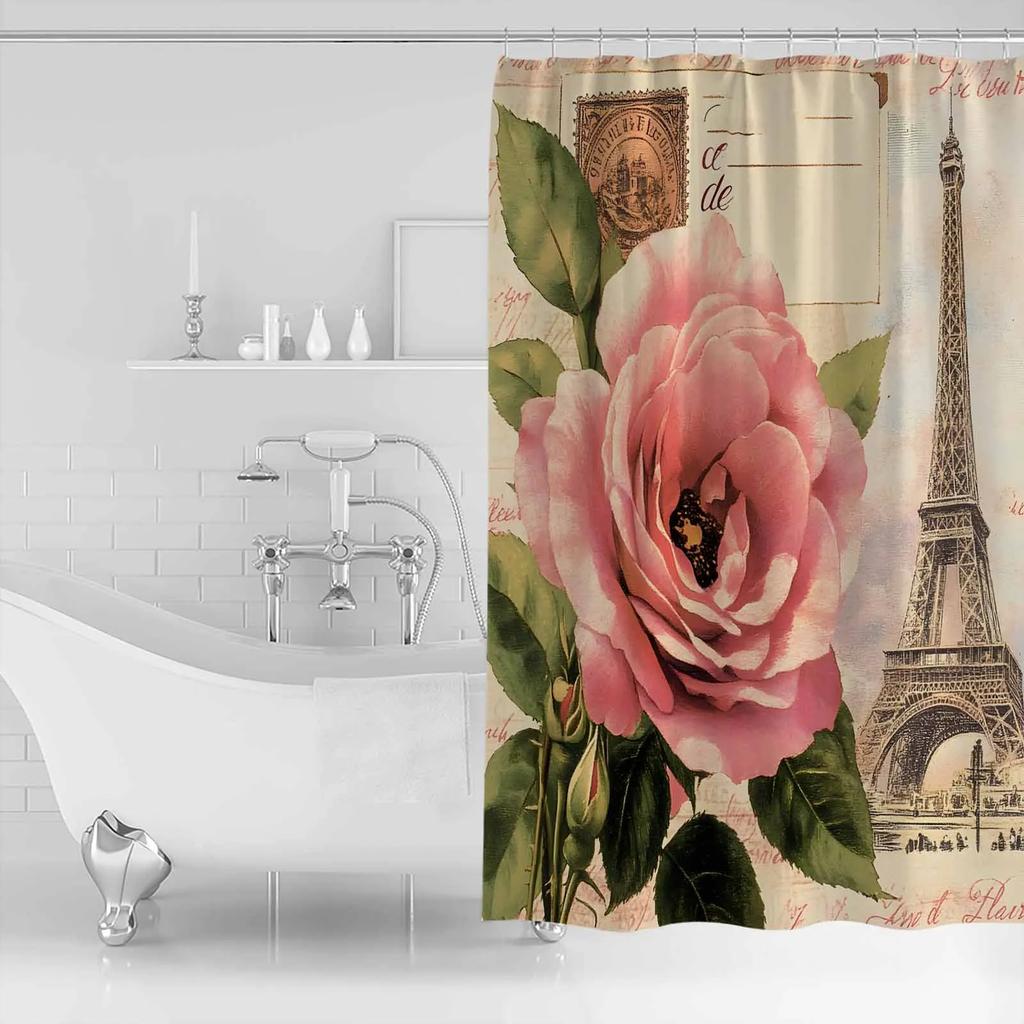 Vintage Pink Flower Tower Shower Curtains Waterproof Bath Curtains Home Decor Modern Luxury Bathroom Curtain