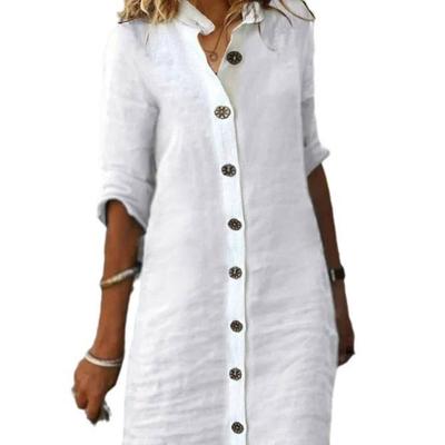 Women's  Cotton  Dresses Spring Summer  Elegant   Hemp Short Sleeve Medium Length V-Neck Dress Lady Robe