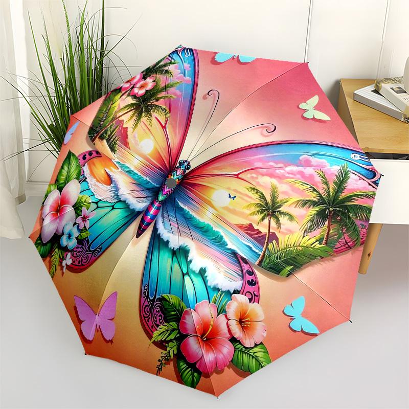 1pc Butterfly Paradise Sunset Beach Floral Umbrella with Plastic Handle,Vibrant Cartoon Pattern,Multi-functional UmbrellaPT013