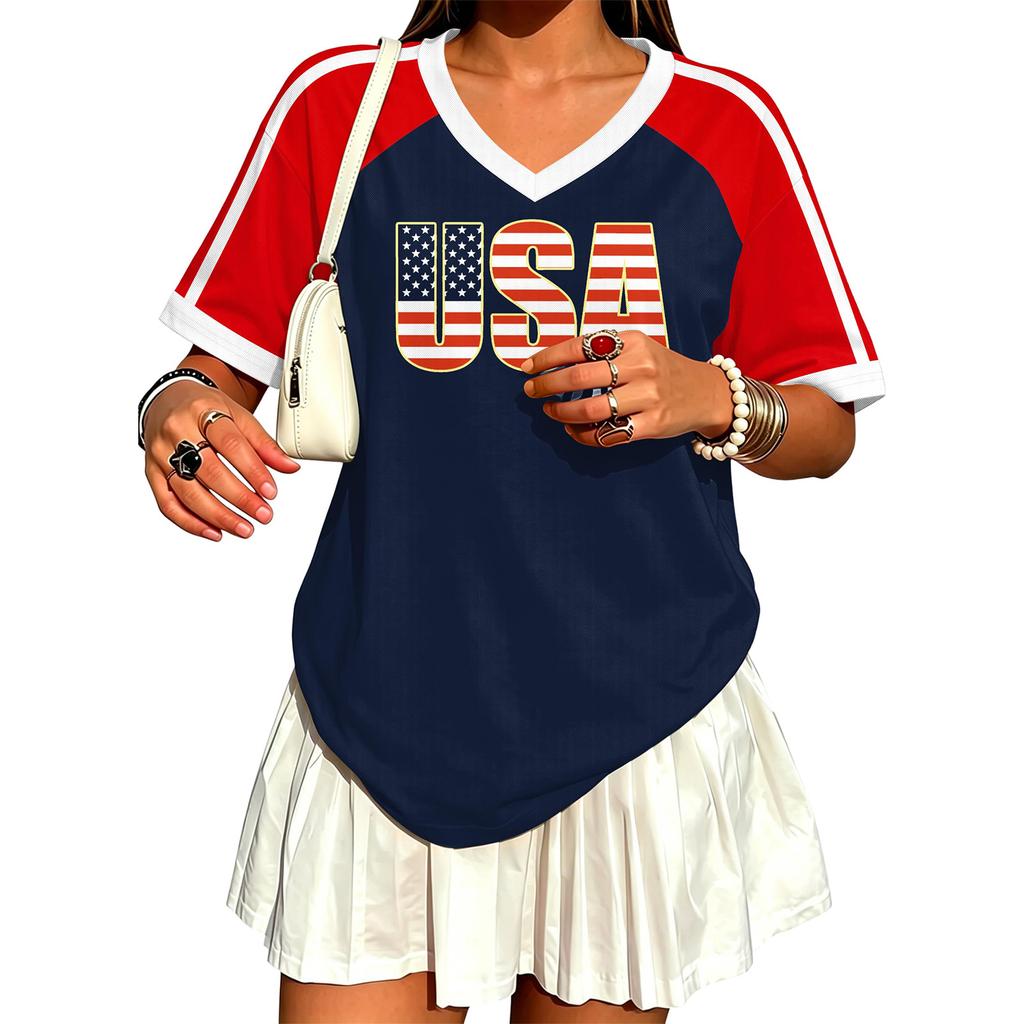 Womens Soccer Jersey V Neck Fan Shirt Y2K Style Short Sleeve Athletic Top Loose Fit Breathable Fabric