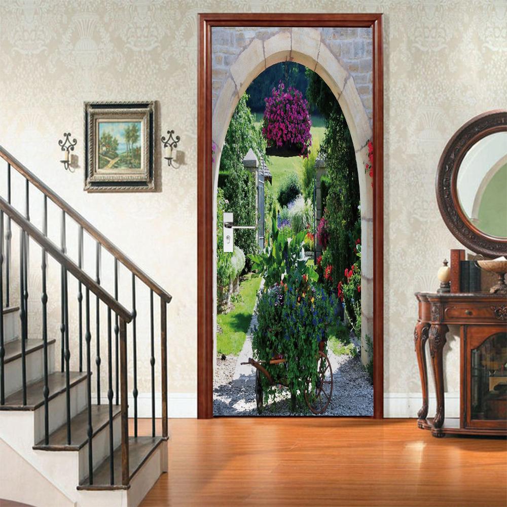 3D Door Mural Sticker Peel and Stick Door Wallpaper Golden Buddha Castle Moon Mermaid Flower Home Decor Removable