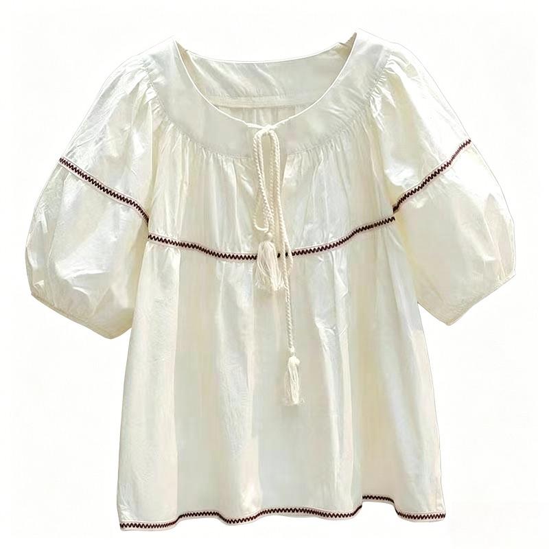 

Striped Color Blocked Women s Shirt Korean Style Round Neck Lace Up Bubble Sleeve Shirts Summer Comfortable Fashionable Ladies Loose Top one size абрикосовый