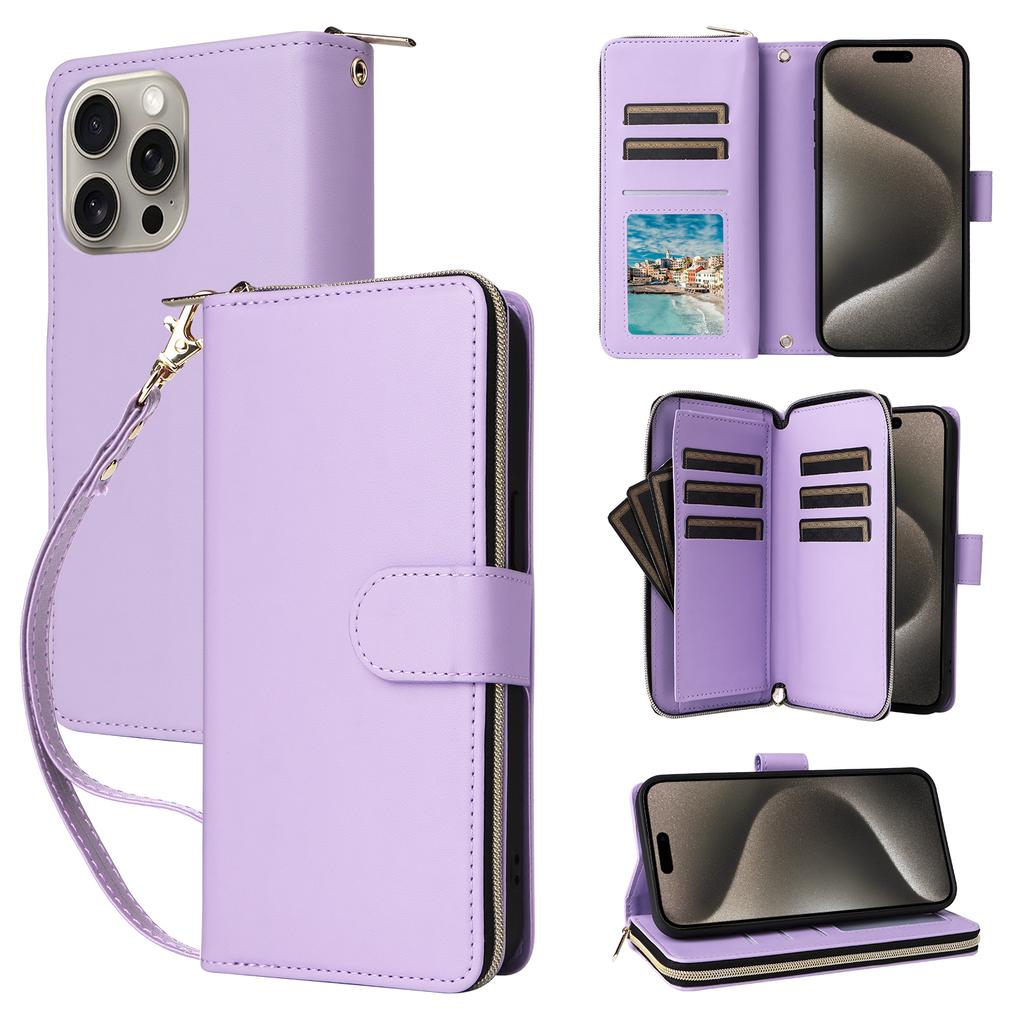 R20 For iPhone 15 Pro Case Zipper Pocket PU Leather Cover with 9 Card Slots