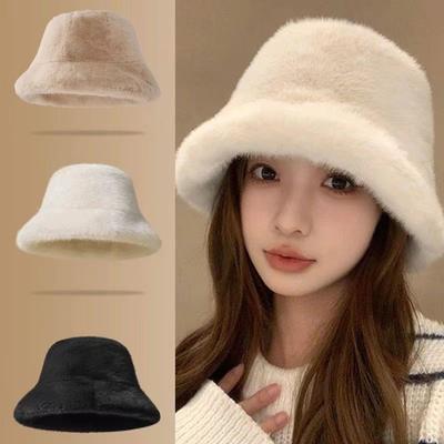 1Pieces Winter Windproof Warm Women's Fashion Solid Color Plush Hat Bucket Cap Fluffy Fisherman's Hat Mountaineering Scarf