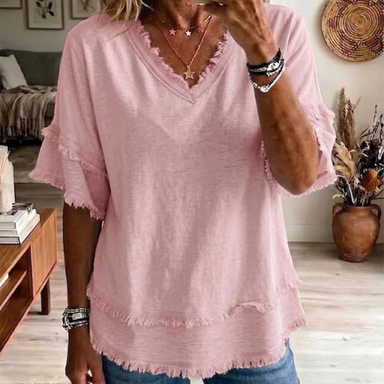 Women Tops, V-Neck Half Sleeve Summer T-shirt, Pure Color Loose Fit Tee Shirt with Fringe Trim, Casual Blouse for Work Party Vacation Office Date
