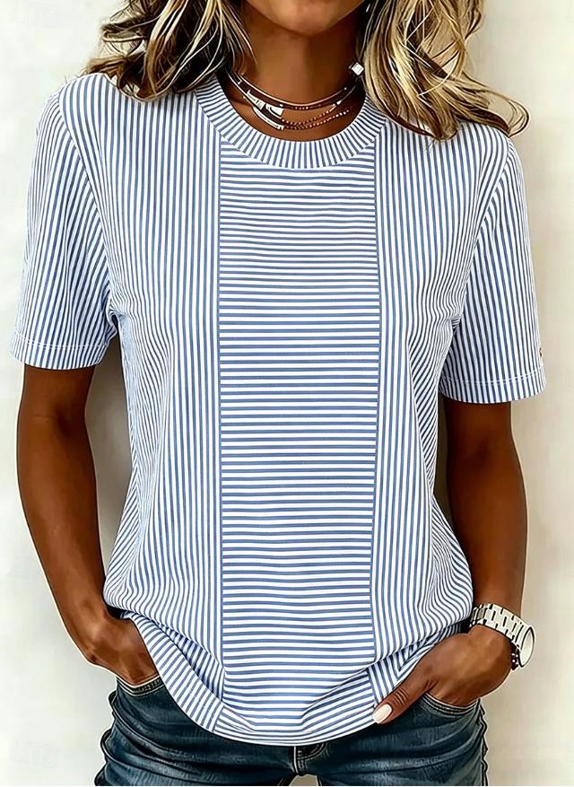 Mode Damen Retro Kreative Textur Streifen Print T-Shirt Lustiges Lässiges O-Ausschnitt Kurzarm T-Shirt Sommer Damen T-Shirt