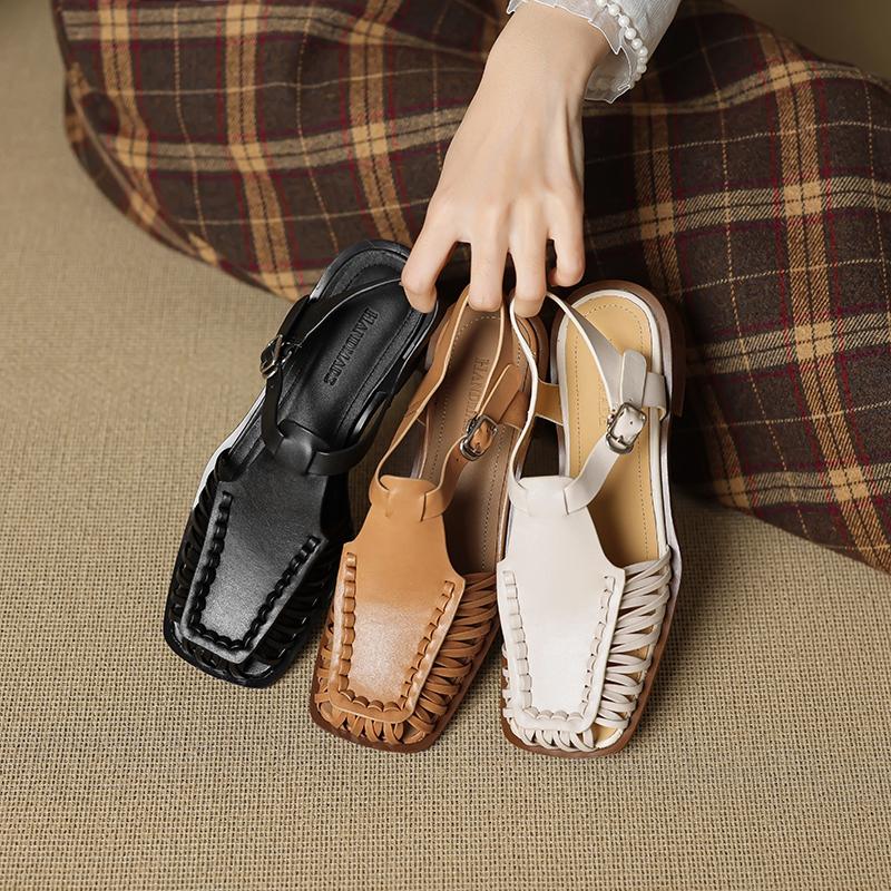 Fashion Women's new summer square head genuine leather cowhide low heel retro elastic buckle comfortable breathable hooded Roman sandals