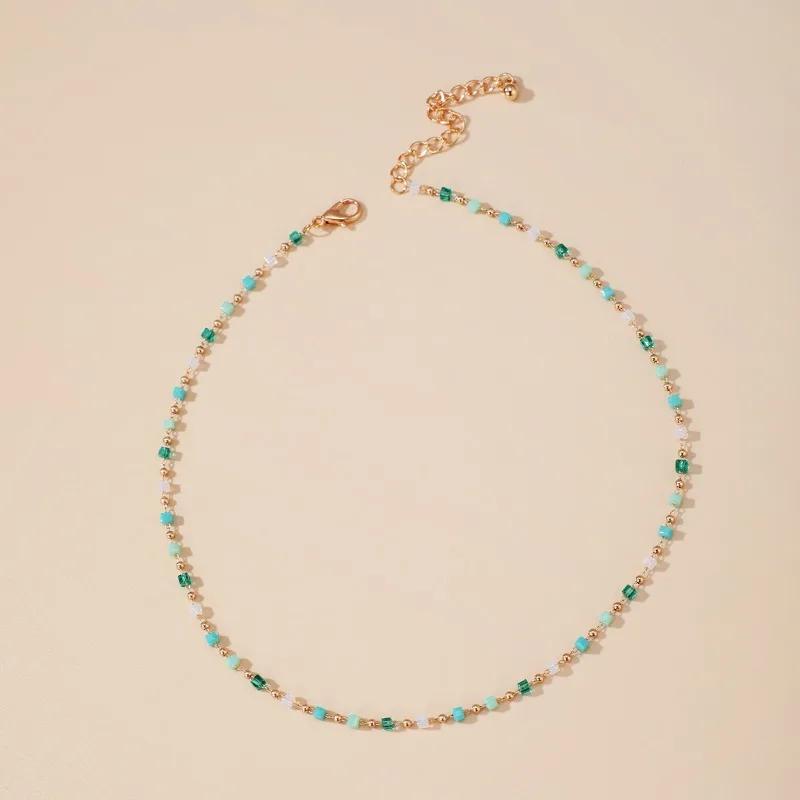 Bohemia Retro Green Crystal Beaded Pendant Necklace for Women Charm Collarbone Chain Jewelry Holiday Summer Beach Accessory Gift