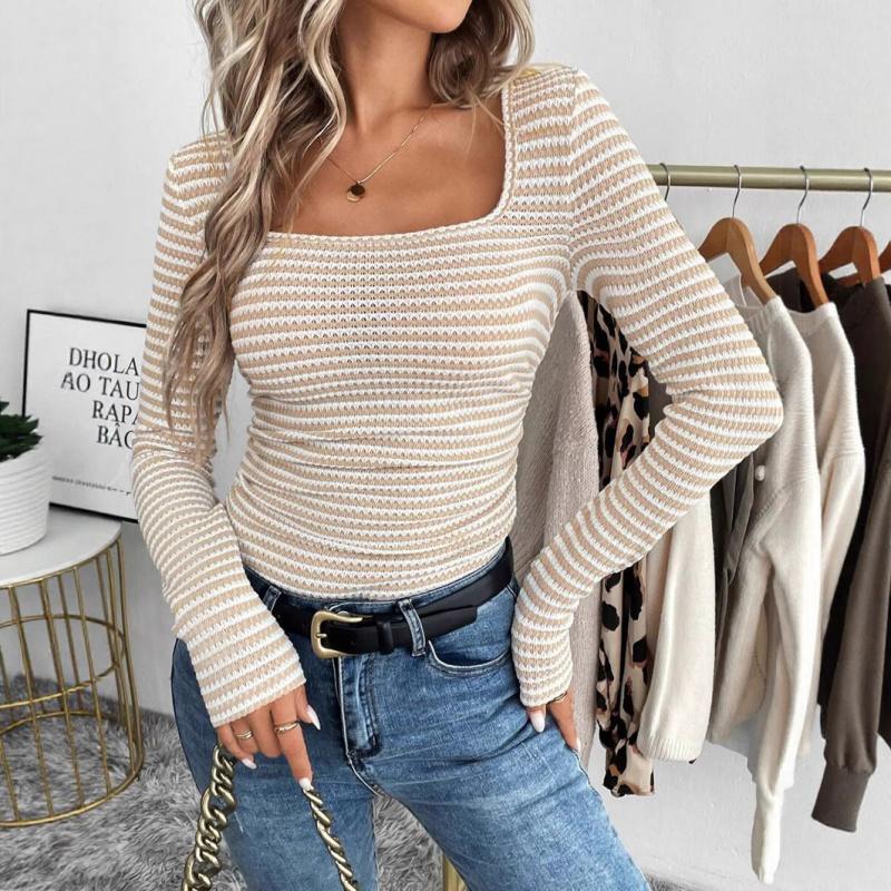 2026 New Model T-Shirt Square Neck Pullover Slim Fit Knit Long Sleeve Women's Base Shirt