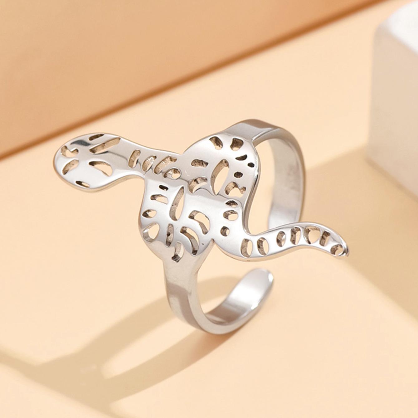 Adjustable Stainless Steel Zodiac Ring - Hollow Flower Snake Punk Style
