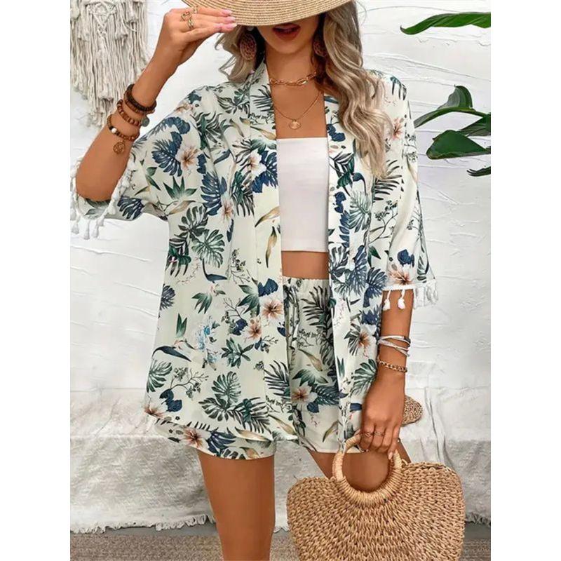 Printed Loose Fringe Beach Pants Set Print Loose-Fitting Tassel Beach Pants Suit