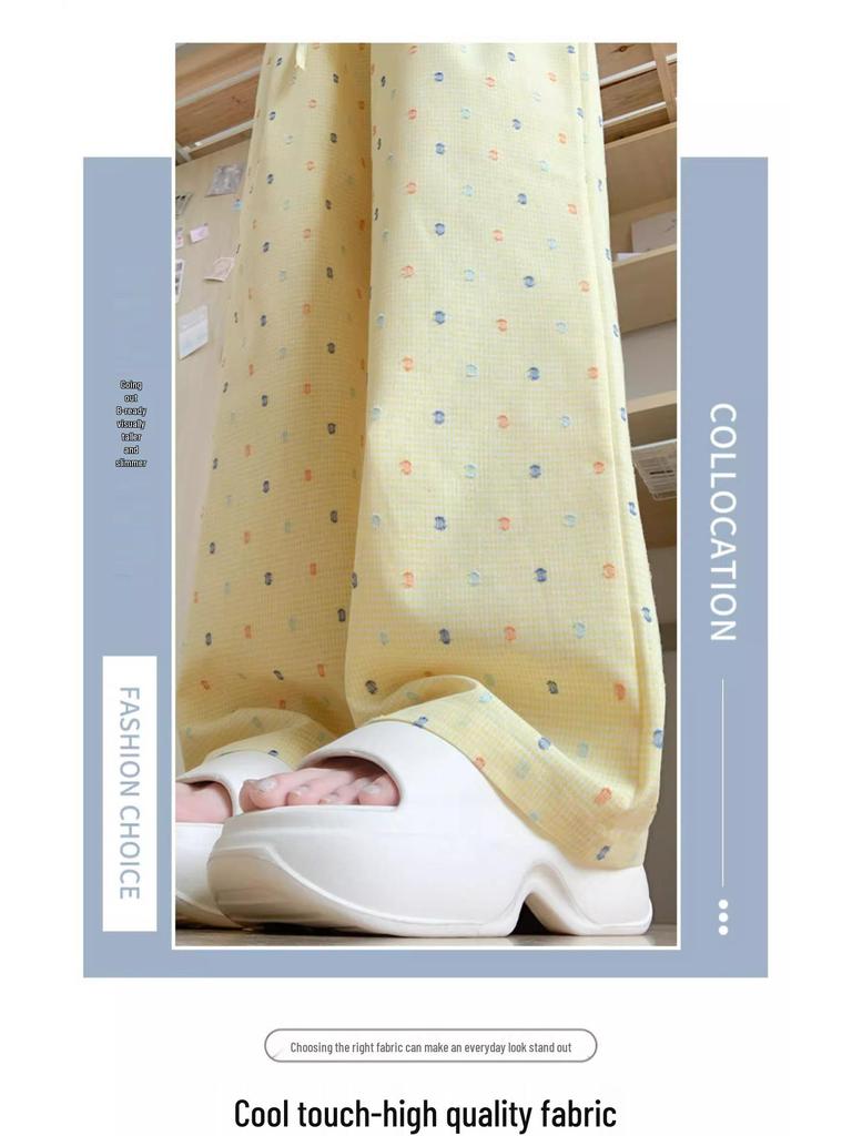 Women's High Waist Blue Polka Dot Straight Leg Pants - Summer Petite Ice Silk, 145-150cm, Wide Leg Design.