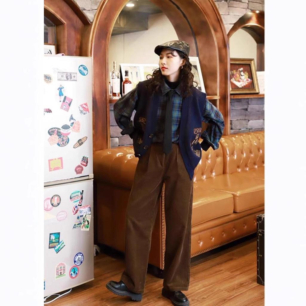 Vintage High Waist Corduroy Pants Women Spring Fall Straight Causal Full Length Trousers Korean Fashion Baggy All Match Pant