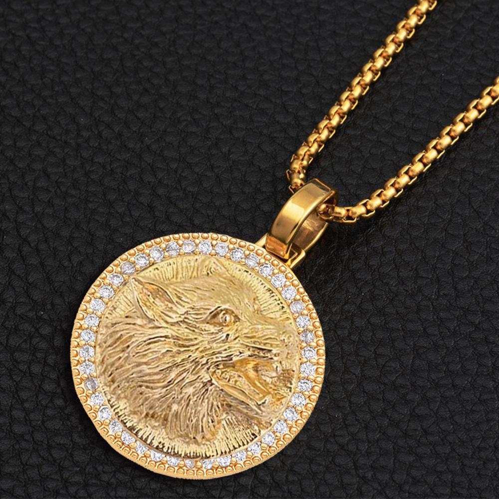 Punk  Iced Out Bling Animal Wolf Head Pendant Male Gold Color Stainless Steel CZ Round Necklace For Men Jewelry Gift 2025