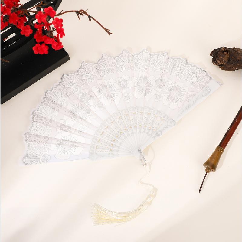 Chinese-Style Flowers Folding Fan For Performances & Hanfu Photos With Elegant Floral & Pearl Tassels Design Festive Decor