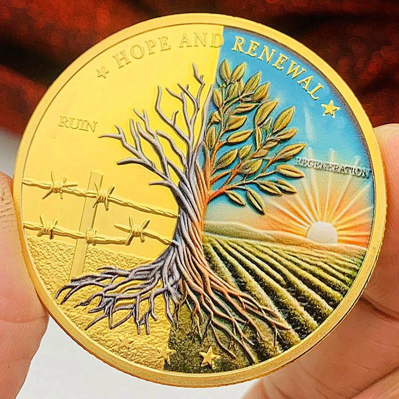 War and Peace, Tree of Life, Gold Plated Color Printed Commemorative Medals, Creative Gifts, Coins, Commemorative Coins