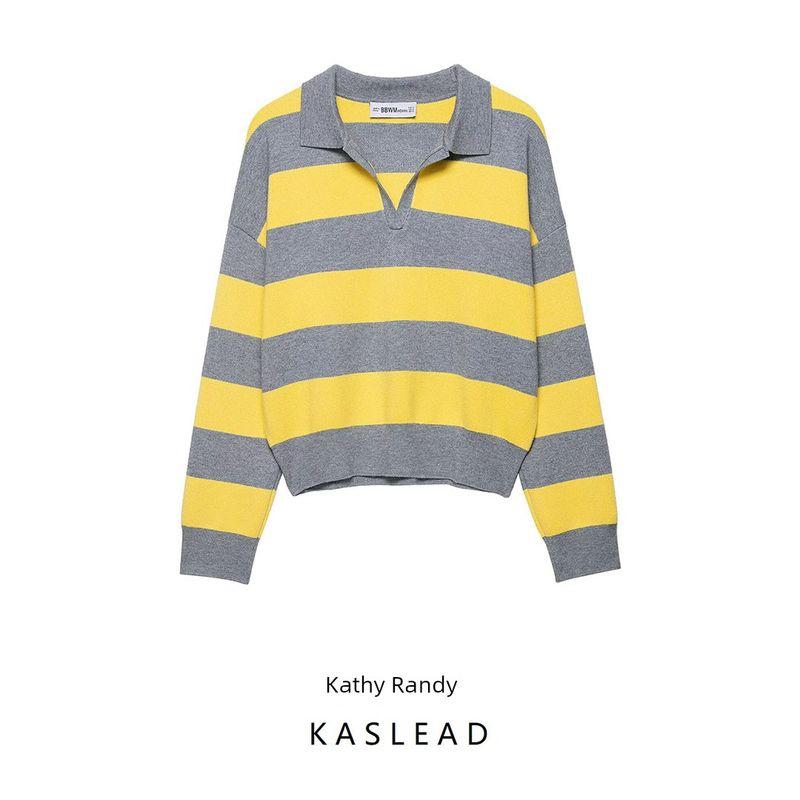 Kaslead New Women clothes Western Style Fashion Stripe Polo Shirt Collar Knit 5536162