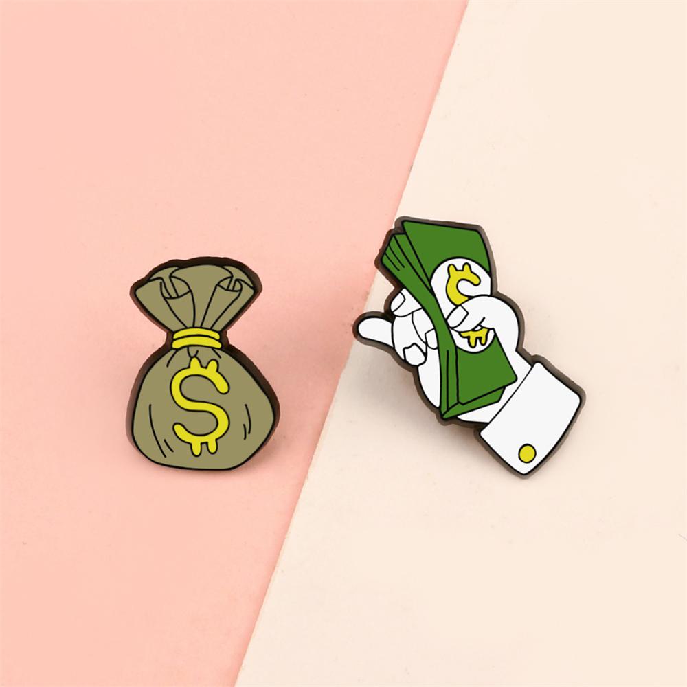 Funny Money Wallet Brooch Creative Purse Banknote Enamel Pin Holding a dozen of Dollars Bag Lapel Badge Gift for Friends Jewelry
