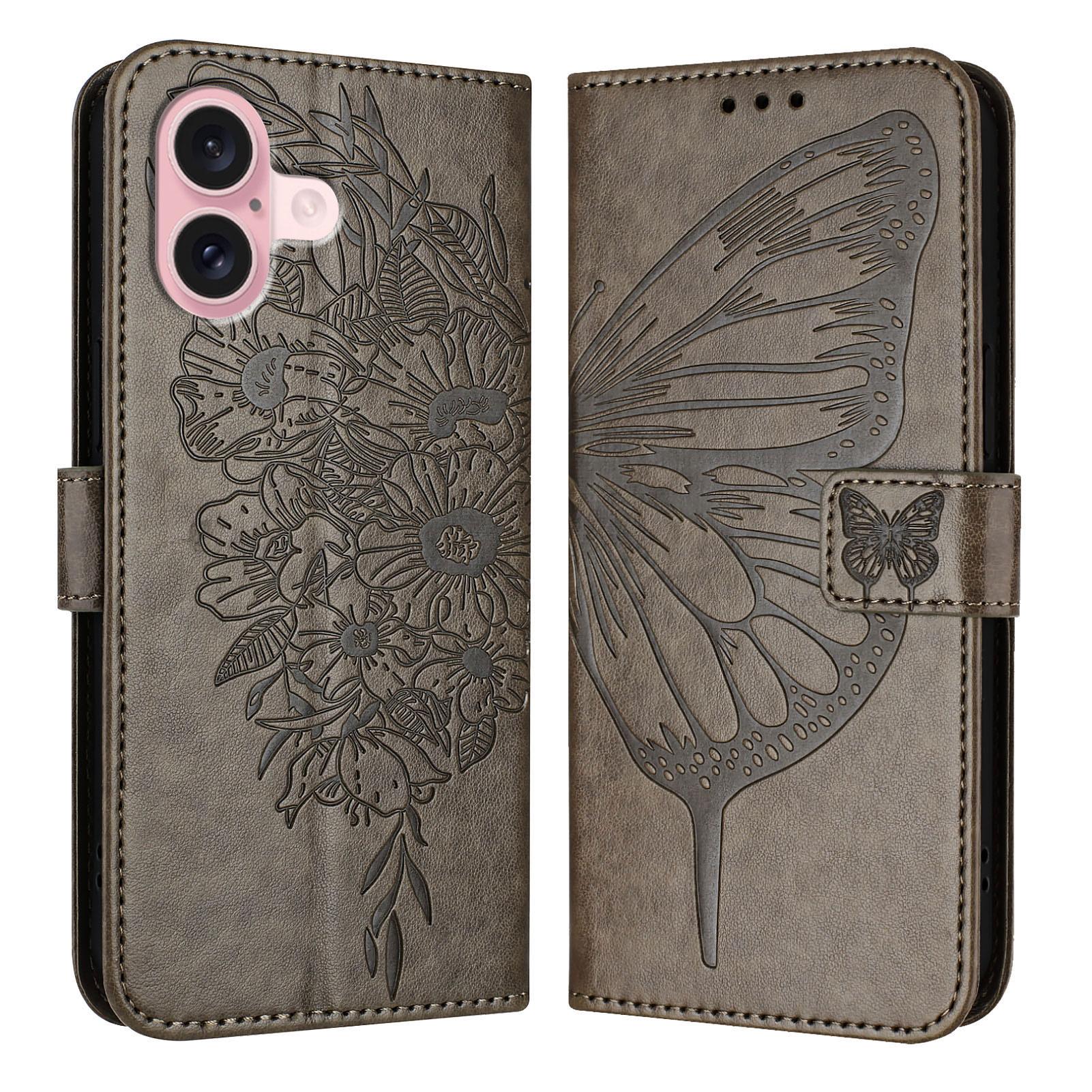 

For iPhone 16 Wallet Case with Wrist Strap Butterfly Imprint Leather Phone Cover Grey