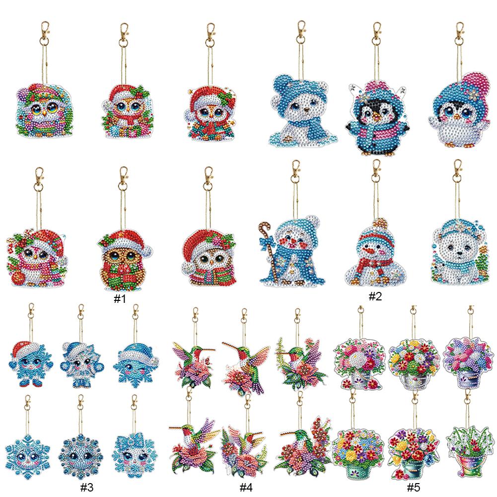 6Pcs Double Sided DIY 5D Round Diamond Art Charms Diamond Art Set Diamond Key Rings Hanging Ornaments for Beginners Enthusiasts
