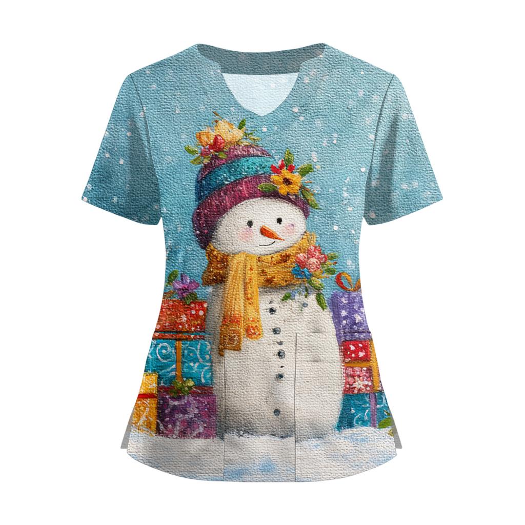 Women's Short Sleeved Christmas Printed V-neck Buttonable Side Slit Top T-shirt