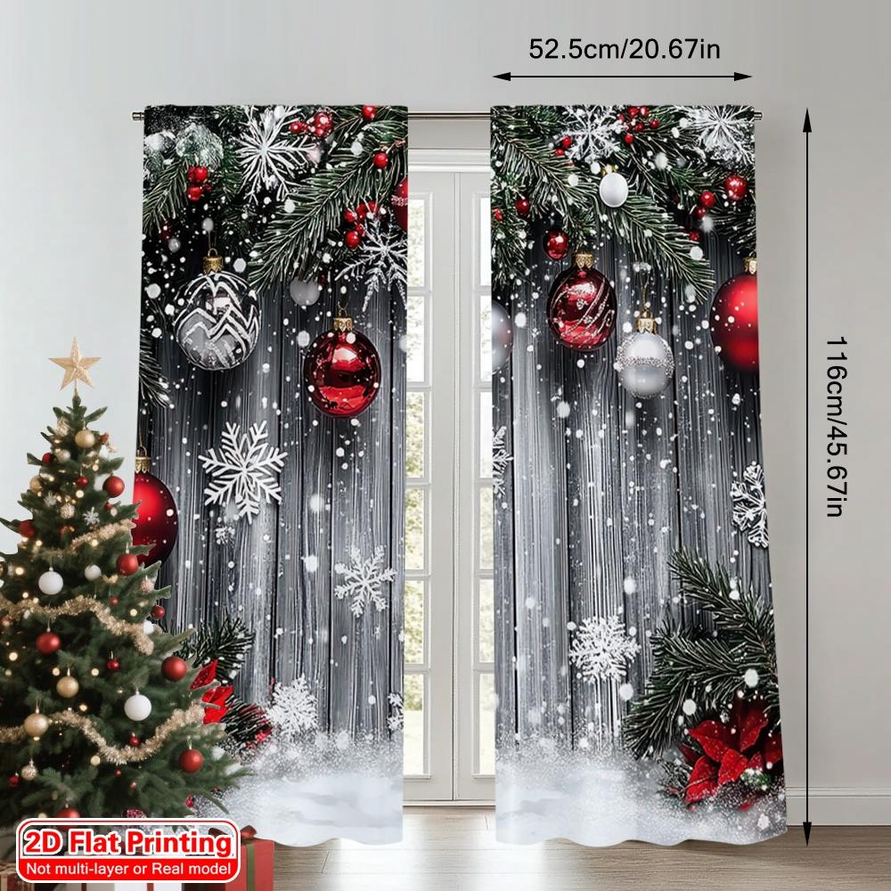 2D Flat Printing 2pcs Merry Christmas Curtain With Snowflakes_ Red Balls and Green Plants Versatile Fabric Without Electricity