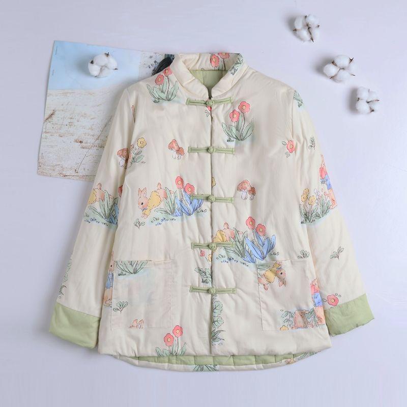 Mamas Vintage Verdickte Baumwolljacke Handgemachter Floraler Wintermantel Warme Baumwollwattierte Oberbekleidung