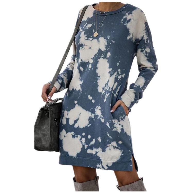 Women s Autumn/Winter Tie-Dye Gradient Long Sleeve Round Neck Dress M синий