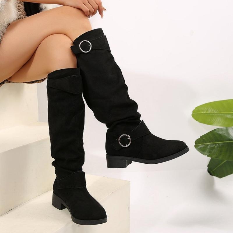 Fashion autumn and winter new low-heeled pleated women's leather boots Western cowboy medium boots women's boots