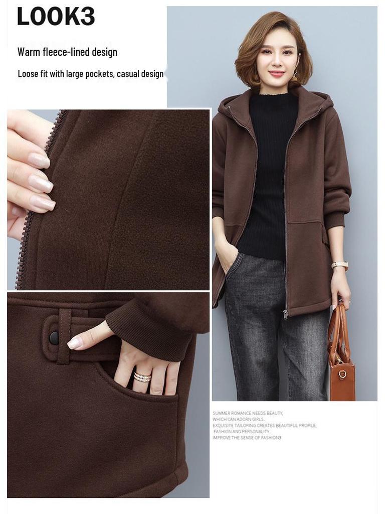 Women's Fleece-Lined Hooded Cardigan - Autumn/Winter 2024 Casual Loose Fit for Middle-Aged Moms