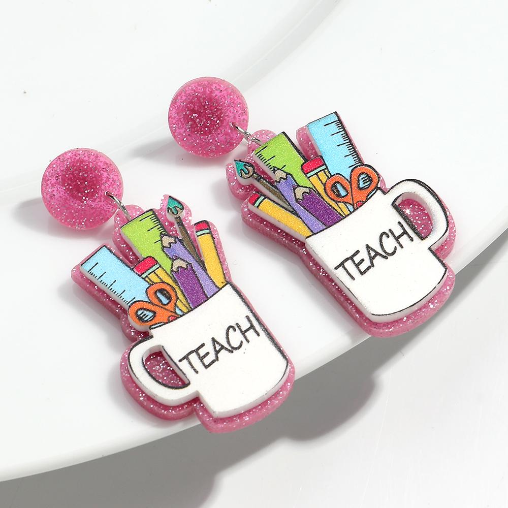 Lovely Glitter Acrylic School Day Ruler Scissors Pencil Drop Earrings for Women Double-layer Cup English Letter Dangle earrings