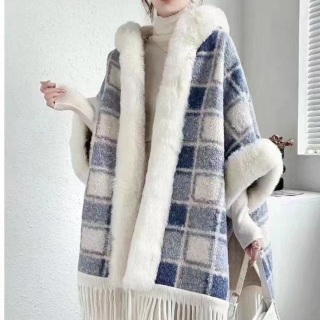 Women's Autumn/Winter Hooded Cape with Chinese Frog Button and Rabbit Fur Shawl, Plus Velvet Woolen Coat.