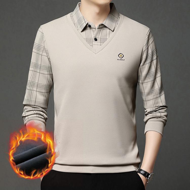 Men's Autumn/Winter Faux Two-Piece Fleece Polo Base Layer Shirt