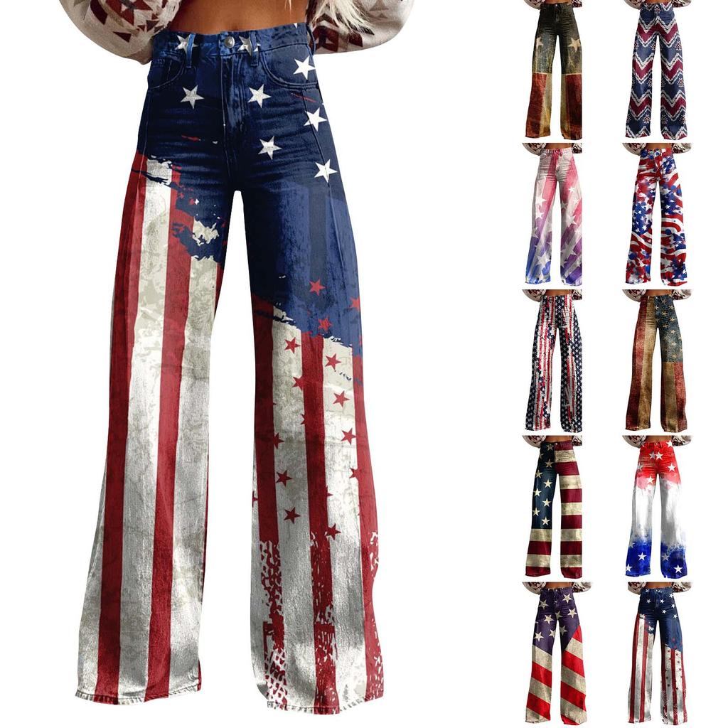 Wide Leg Flare Jeans For Women With Pockets Baggy Pants Vintage Floral Print High Waisted Loose Pant