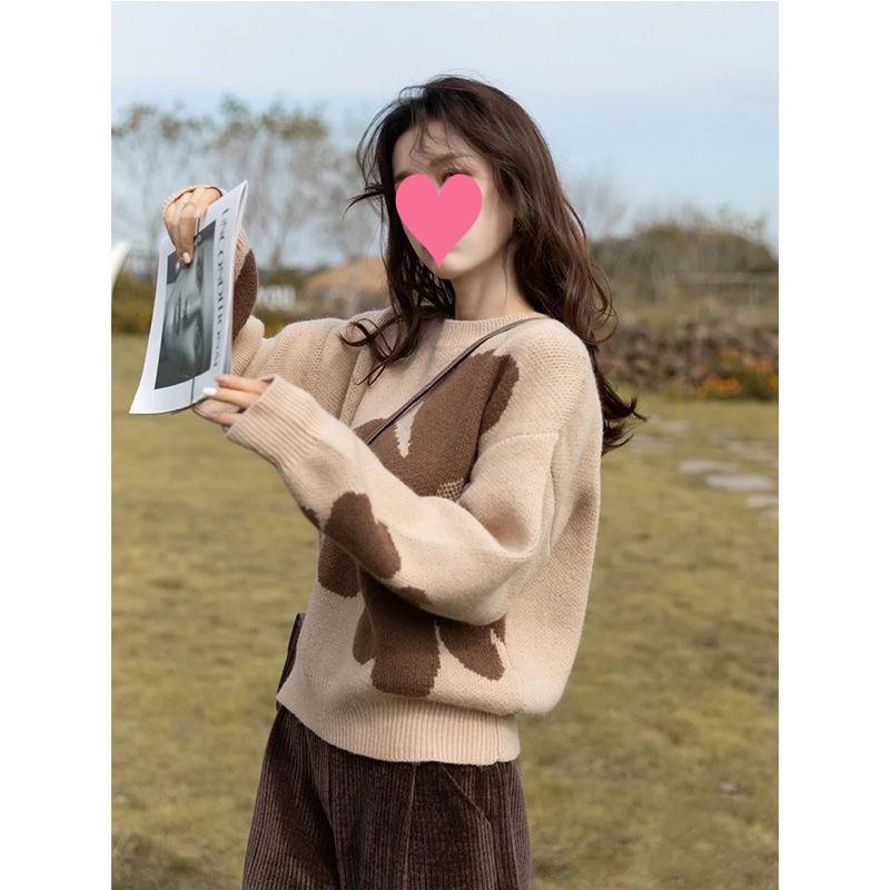 

Round Neck Jacquard Sweater for Women Spring and Autumn Loose Outerwear Pullover Knitted Sweater S хакі