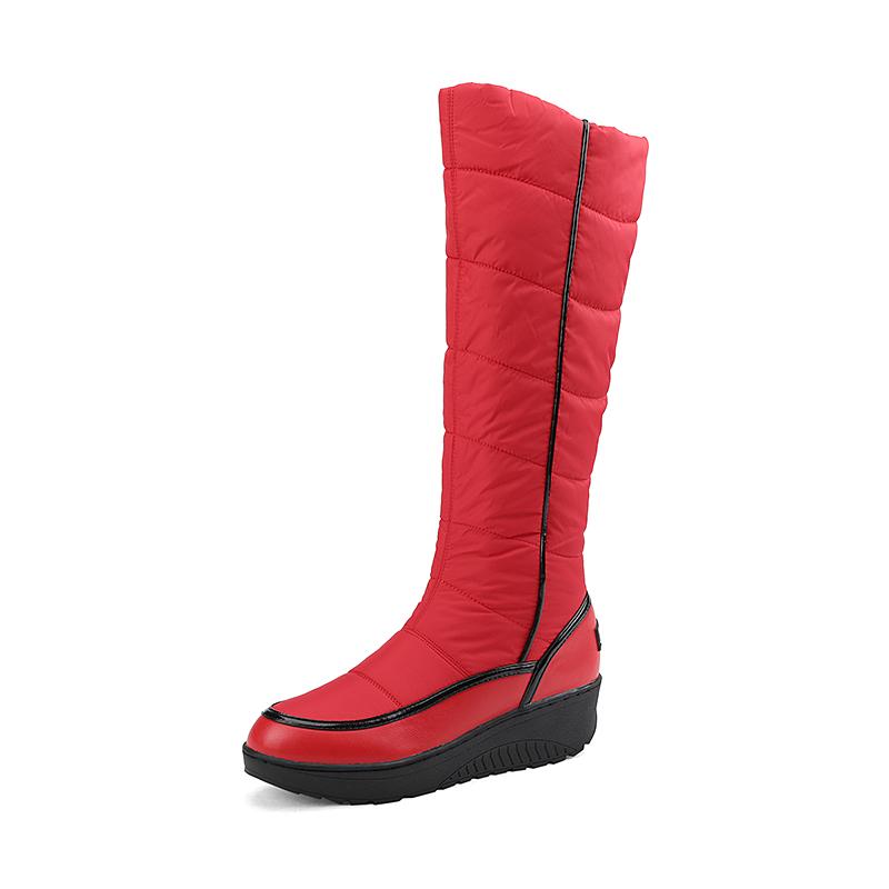 Frost Winter Warm Snow Boots Women White Black Red Knee High Booties Size 44 Waterproof PU Patchwork Down Platform Wedges Shoes