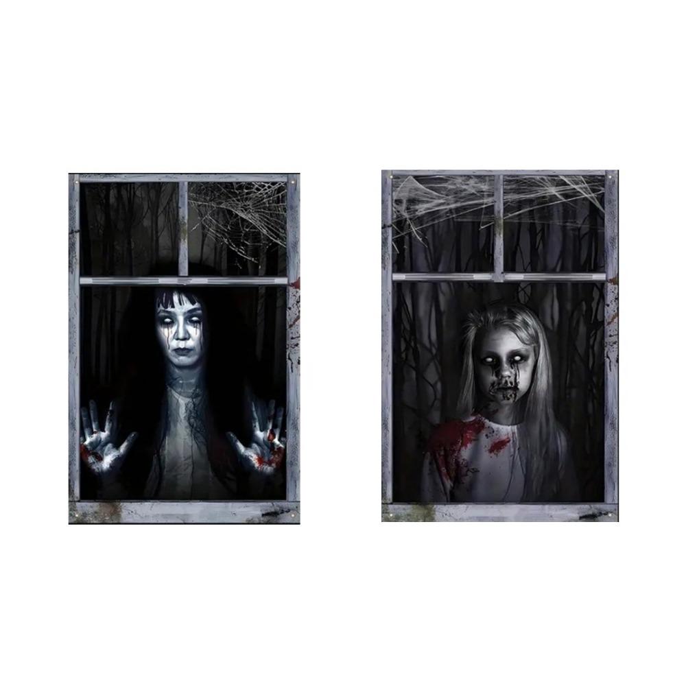 2PCS 2D Flat Scary Halloween Window Cover Super Terrifying Blood-Themed Scary Halloween Backdrops Polyester Fiber