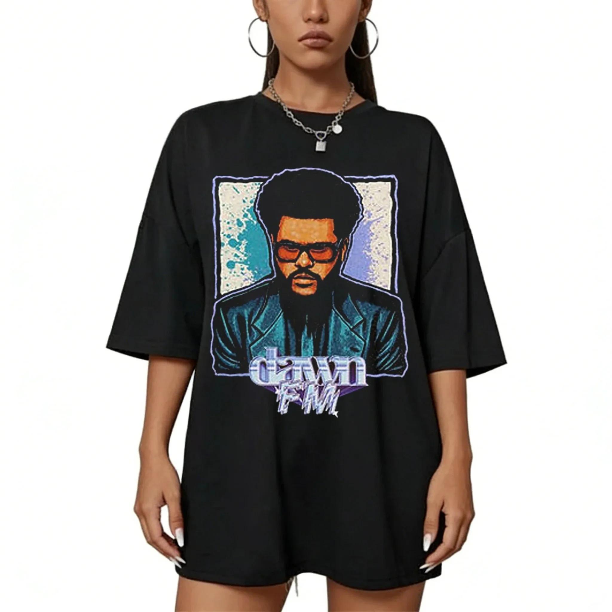 The Weeknd Dawn FM Album Art Portrait Graphic Vintage Acid Washed Oversized Streetwear Pop Hip Hop Fan Merch T-Shirt Top for The Weeknd Fans 4XL