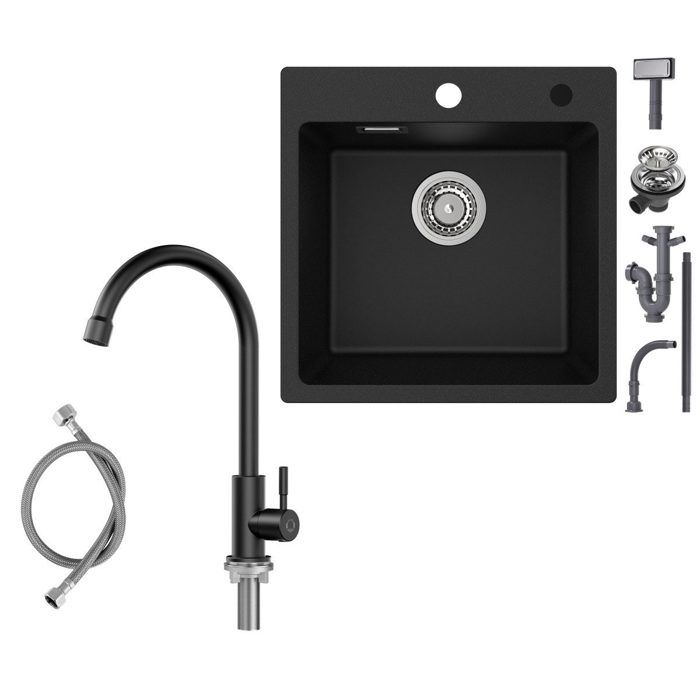 45x45cm Évier de Cuisine en granit a poser noir anthracite+Froide Robinet Noir