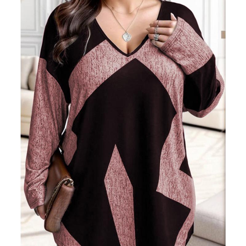 European and American Plus Size Women's Casual V Neck Panel Loose Long Sleeved Tops T Shirts