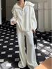 Autumn Winter Cross-Stitch Knitwear: Soft Sweater with Large Lapel & Wide-Leg Pants - Women's Casual Loose Two-Piece Set