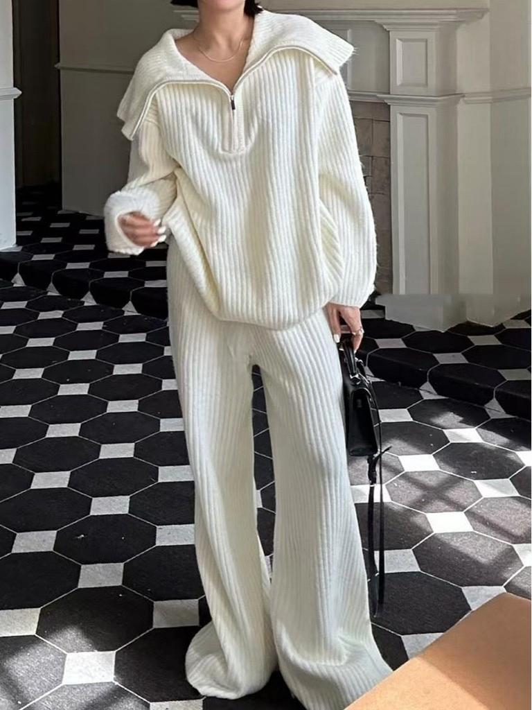 Autumn Winter Cross-Stitch Knitwear: Soft Sweater with Large Lapel & Wide-Leg Pants - Women's Casual Loose Two-Piece Set
