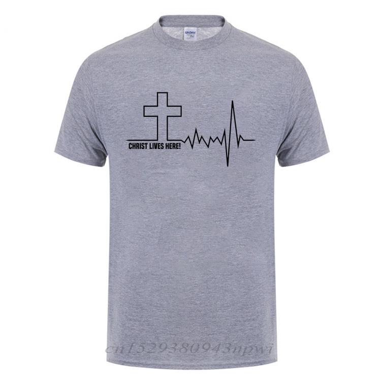 Christ Lives Here Cross Heartbeat Christian Jesus Faith Inspirational T Shirt TShirt For Men Male Short Sleeve Cotton Tshirt
