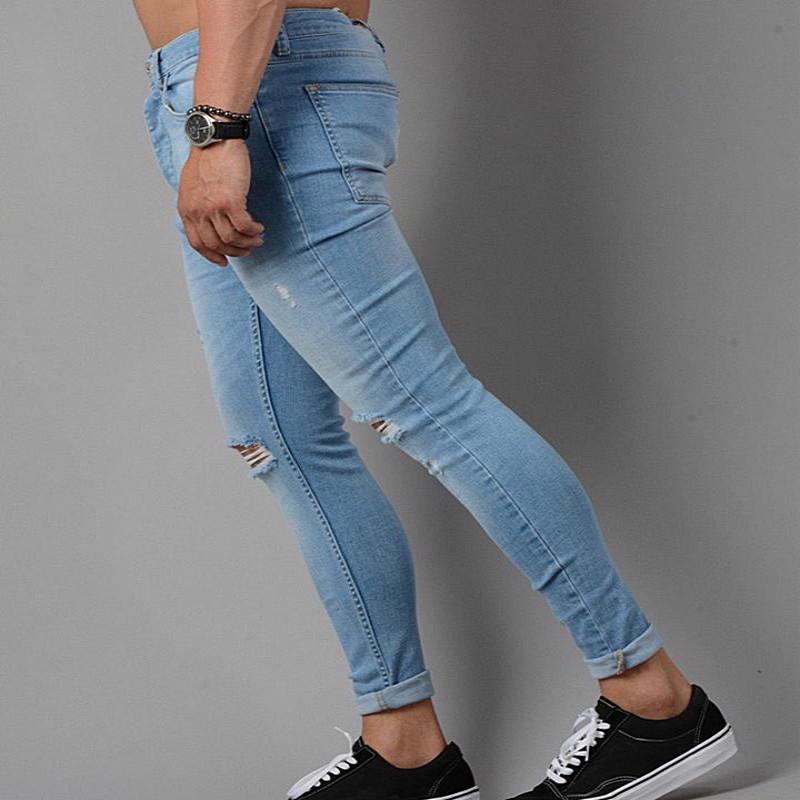 Pánská móda Sexy Slim Fit Spodní tužkové kalhoty Denim Dírky na kolenou Roztrhaný Street Style Skinny džíny